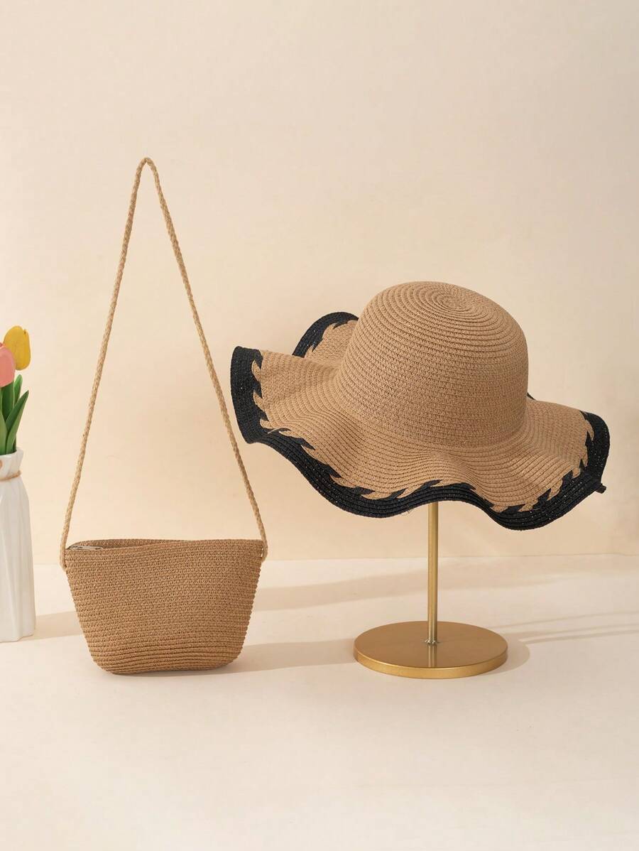 2 件套：女士卡其色波浪蝴蝶结草编太阳帽和斜挎草编包，适合日常、度假和旅行 - 彩色 - 查看 1