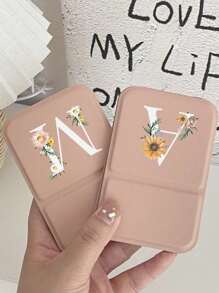 1pc Mini Pink Flower White Letters Foldable Portable Makeup Mirror,Letters Of A-Z Makeup Mirror With Bracket, Travel Mirror, Beauty Products, Desktop Makeup Mirror, Rectangular Desktop Compact Mirror Foldable Small Minimalist Makeup Mirror, Travel Portable Makeup Mirror For Women's Gift - The Best Gift For Mom And Teacher
