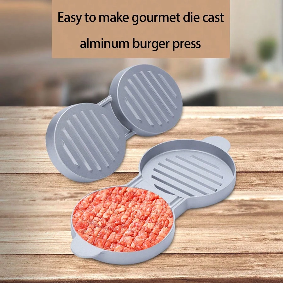Prensa de carne de hamburguesa de aluminio fundido a presión para uso doméstico en la cocina, molde de prensa de carne circular manual, prensa de carne doble - Plateado - Ver 1