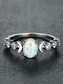 1 件优雅椭圆形切割方晶锆石订婚/结婚戒指，适合女士和女孩 - 銀色 - 查看 1