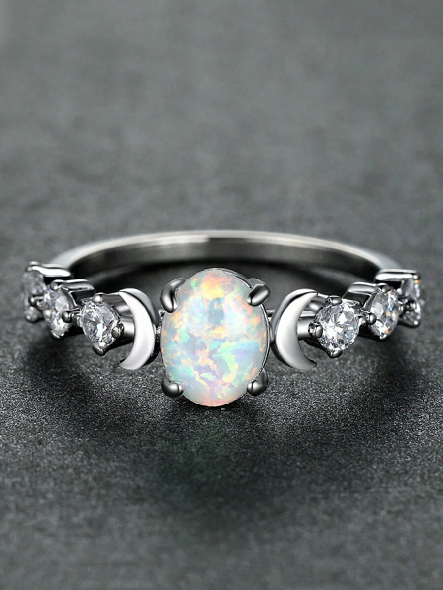 1 件优雅椭圆形切割方晶锆石订婚/结婚戒指，适合女士和女孩 - 銀色 - 查看 1