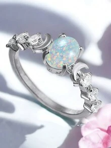 1 件优雅椭圆形切割方晶锆石订婚/结婚戒指，适合女士和女孩 - 銀色 - 查看 3