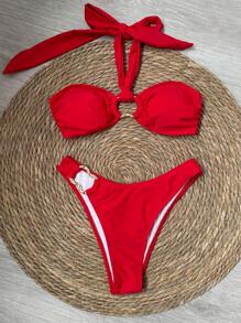 新款春夏优雅性感纯红色挂脖比基尼泳衣，适合海滩度假派对约会 - 紅色 - 查看 2
