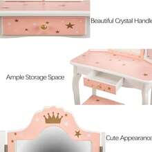 Princess Vanity Set - 2-In-1 Makeup Table With Tri-Folding Mirror, Drawer, And Stool For Toddler Girls - Pretend Play Dressing Table - 星星粉紅 - 查看 3