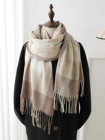 1pc Women's Elegant Multi Color Plaid Tassel Faux Cashmere Scarf/Echape Femme Hive/Bufanda, Cashmere Scarf/Pashmina Shawls Poncho, Unisex Winter Warm Casual Thick Style Neck Scarf, Women's Wrap Hijab, Soft And Comfortable, For Daily Wear And Outing,As Well As Christmas Gifts For Family Members