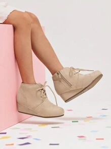 Girls Low Wedge Heel Booties Side Zipper Ankle Boots Toddler/Little Kid/Big Kid - 米色 - 查看 3