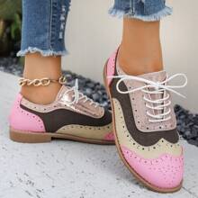 European And American Style Large Size British Style Women's Flat Shoes, Comfortable Lace-Up Casual Leather Shoes, Retro Carved Color Blocking Low Cut Student Shoes, Fashionable Low-Heeled Shoes For Women