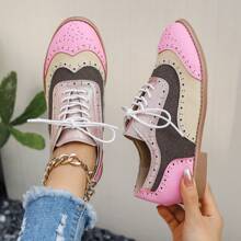 European And American Style Large Size British Style Women's Flat Shoes, Comfortable Lace-Up Casual Leather Shoes, Retro Carved Color Blocking Low Cut Student Shoes, Fashionable Low-Heeled Shoes For Women