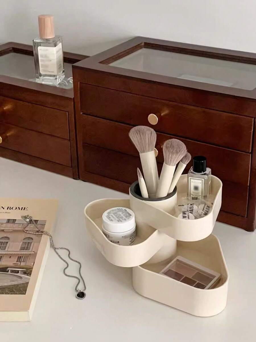 1pc Minimalist 3-Tier Triangular Rotating Makeup Brush Holder, Cosmetic Storage Box, Lipstick & Jewelry Organizer - Multicolor - View 1