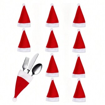 5pcs/10pcs/20pcs Red Mini Santa Hats, 2.36*4.72inch Christmas Small Caps Cute & Wine Bottle Holder, Tableware Decor, Christmas Tree Wreath, Gift Hanging Ornament, Plush Doll Decor For Christmas, Halloween And Holiday Celebration