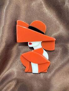 1pc Retro Chic Lady Wearing Hat Portrait Acrylic Brooch, Creative Art Style Backpack Clothes Pin Badge - Orange - View 5