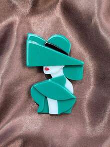 1pc Retro Chic Lady Wearing Hat Portrait Acrylic Brooch, Creative Art Style Backpack Clothes Pin Badge - Orange - View 6