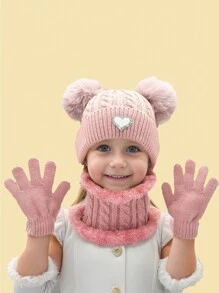3pcs/Set Girls' Cute Heart Decor Fluffy Earmuffs With Dual Pompoms, Autumn/Winter - Love - View 11