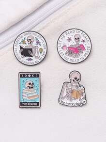 4pcs One More Chapter Enamel Pin Creative Skeleton Reading Lovers Book Nerd Collection Brooches Lapel Badge Jewelry Gift For Friends Valentines - Multicolor - View 6
