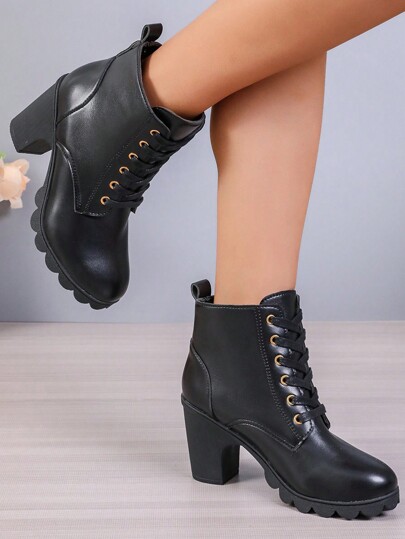 Stivali neri con tacco alto da donna, tacco spesso, impermeabili, con lacci, stivali per taglie forti per l autunno/inverno, stile semplice, comodi e caldi