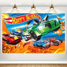 1Pc Cartoon Car Theme Happy Birthday Party Background Banner, 82.7 * 59.1/59.1 * 39.4/39.4 * 29.5 Inch Motorcycle Player Birthday Decoration Background, Suitable For Birthday Party, Cake Table Banner, Photo Booth, Cake Table Banner Party Background Decoration Props Supplies Gift - Multicolor - View 1