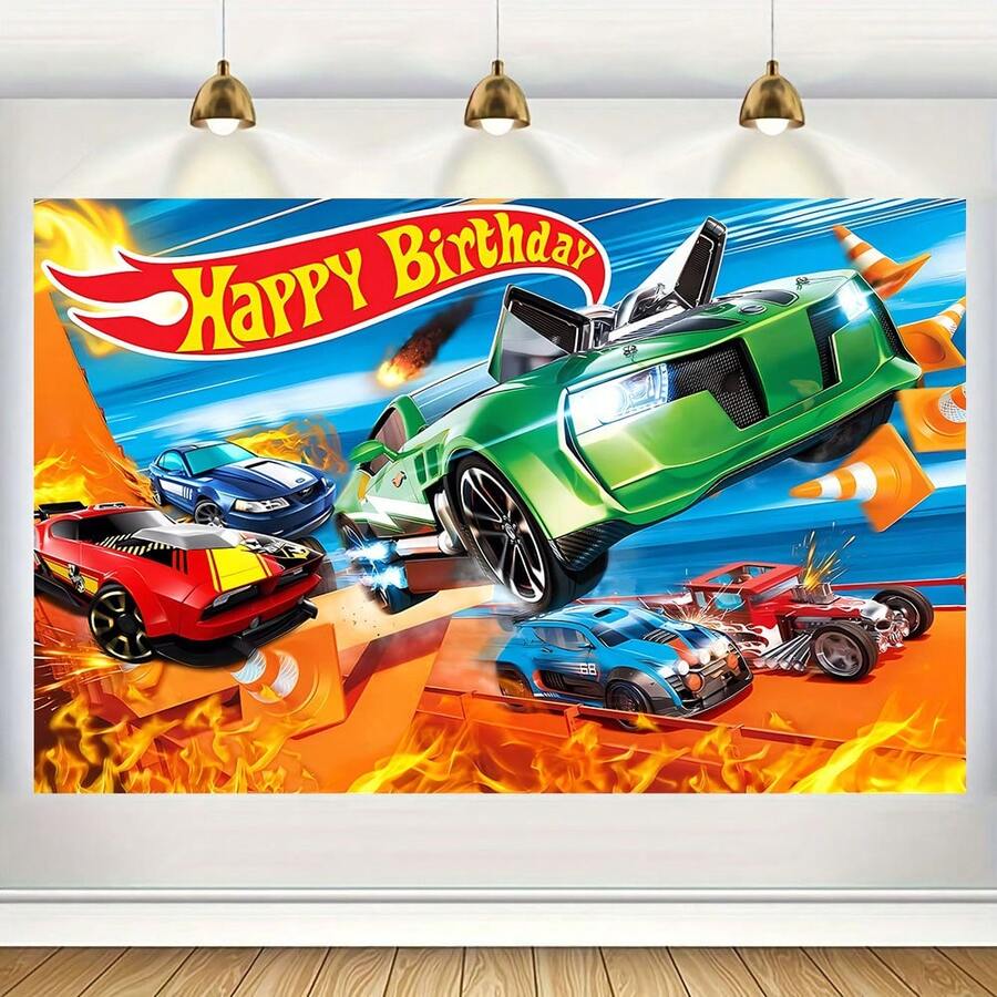 1Pc Cartoon Car Theme Happy Birthday Party Background Banner, 82.7 * 59.1/59.1 * 39.4/39.4 * 29.5 Inch Motorcycle Player Birthday Decoration Background, Suitable For Birthday Party, Cake Table Banner, Photo Booth, Cake Table Banner Party Background Decoration Props Supplies Gift - Multicolor - View 1