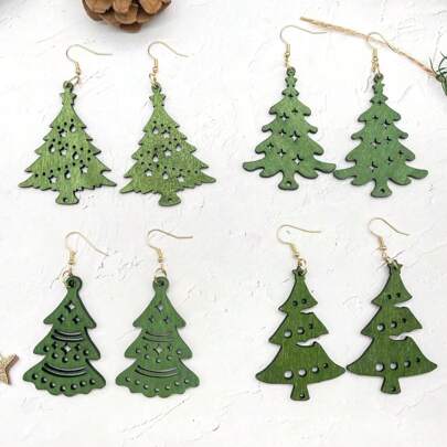 4pairs/Set Wooden Pine Tree Shaped Earrings, Christmas Tree Earrings, Gift For Women