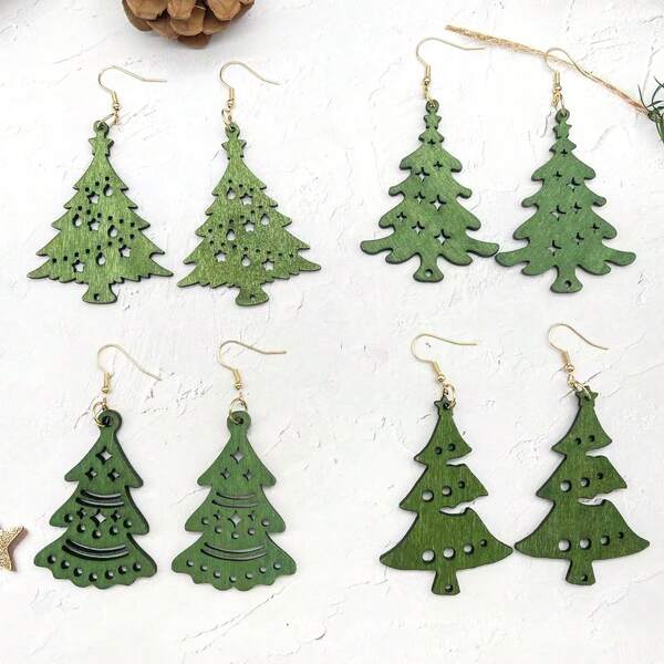 4pairs/Set Wooden Pine Tree Shaped Earrings, Christmas Tree Earrings, Gift For Women