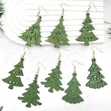 4pairs/Set Wooden Pine Tree Shaped Earrings, Christmas Tree Earrings, Gift For Women