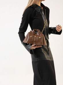 1 pieza Bolso de mano retro y aceitoso, bolso de hombro con decoración de cadena de estilo punk de casual, material de PU, correa desmontable, adecuado para uso diario de la mujer, citas, compras, viajes, Halloween, regalo de Navidad - Marrón - Ver 11