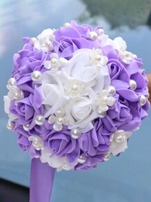 1PC Wedding Bouquet Bride Bridesmaid holding flowers Bride Mariage Party DIY Decor Wedding Accessories Color blocking design Artificial Foam Roses Flower pearl Bride Bouquet Wedding Party - Purple - View 16