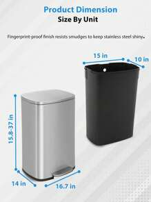 13 Gallon(50L) 410 Stainless Steel  Trash Can, Fingerprint Proof Stainless Steel Kitchen Garbage Can With Removable Inner Bucket And Hinged Lids, Pedal Rubbish Bin For Home Office - 不銹鋼 - 查看 6