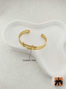 1pc Personalized Stainless Steel Double Layer Hollow Open Bangle Bracelet, Customized With Name & Heart Shaped Design, Adjustable, Suitable For Couples & Family Members, Ideal Gift - Golden Valentines