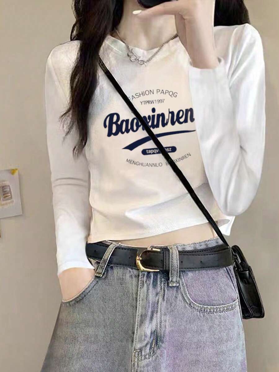 女士时尚短款紧身花卉印花长袖 T 恤上衣 - 白色 - 查看 1