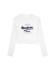 女士时尚短款紧身花卉印花长袖 T 恤上衣 - 白色 - 查看 3