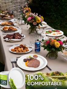 100% Compostable Paper Plates, 125-Count Heavy-Duty  Disposable Plates - 10-Inch (Approx. 25.8cm) White Plates Made From  Natural Sugarcane Bagasse, For Dinner, Picnic, Birthday Parties, Bridal Showers, Weddings, Gatherings, Valentine's Day, Farewell Parties, Halloween, Thanksgiving - Multicolor - View 2