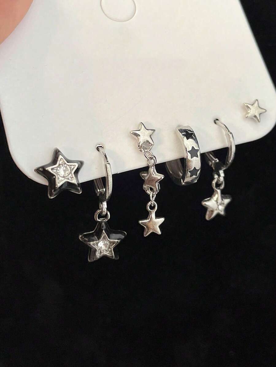 rundraw 6pcs/Set Minimal Metal Black Rhinestone Star Hoop Earrings & Stud Earring Set, Party Multi-Piece Earrings For Women