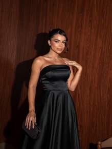 Long Bridesmaid Prom Debutante Party Dress Strapless Princess Style In Luxurious Satin-Free Fabric - 黑色 - 查看 2