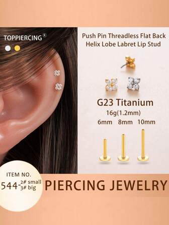 Toppiercing 1pc G23 Titanium Piercing Jewelry Cubic Zirconia Flower Push Pin Threadless Flat Back Cartilage Helix Lobe Earring Stud Labret Lip Nail For Women Valentines,Mom,Mother,Mother's Day,Gift
