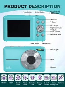 Digital Camera With SD Card, FHD 1080P, 44MP For Vlogging With Anti Shake 16X Zoom, Compact, Small For Boys Girls Kids - Green - View 5