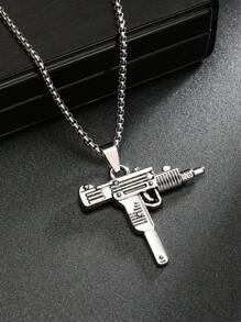 1pc Europe & US Popular Hiphop Military Fan Assault Gun Titanium Steel Necklace, Stainless Steel Versatile Unique Machine Gun Pendant, Retro Style Titanium Steel Fade-Resistant Long Sweatshirt Chain, Factory Wholesale Family Birthday Gift For Men, Daily Wear - Antique Silver - View 6