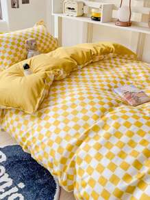 Bộ đồ giường mềm mại tối giản 4 món (1 vỏ chăn + 1 ga trải giường + 2 vỏ gối), bộ đồ giường in họa tiết lô hội thân thiện với làn da, không chứa chất huỳnh quang, thoáng khí, mềm mại, chống trượt, quấn 360 độ, thích hợp cho phòng ngủ, phòng khách, ký túc xá, phòng trẻ em, sử dụng quanh năm - bàn cờ màu vàng - Xem 5