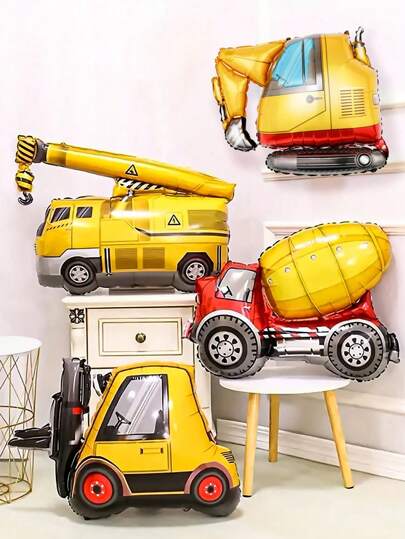 4pcs Construction Vehicle Foil Balloon Set, Including Excavator, Forklift, Mixer Truck, Crane Balloons, Suitable For Men's Construction Birthday Party Decorations