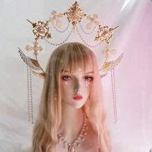 1pc Women's Golden Faux Pearl Chain Metal Lolita Angel Halo Sun Crown Headband, Suitable For Daily Wear, Cosplay, Photography Props Halloween