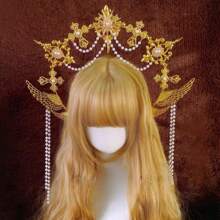 1pc Women's Golden Faux Pearl Chain Metal Lolita Angel Halo Sun Crown Headband, Suitable For Daily Wear, Cosplay, Photography Props Halloween