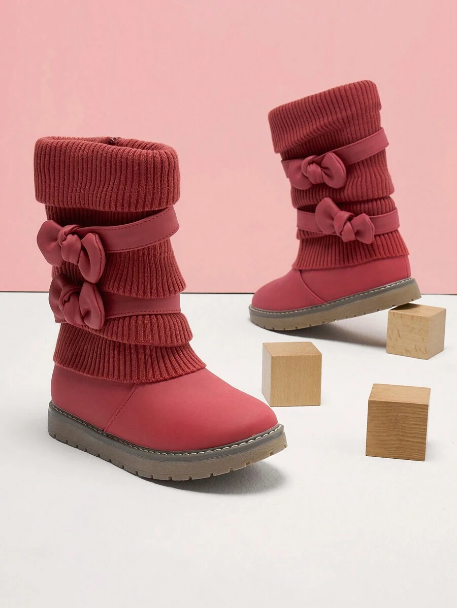 Girl's Mid Calf Snow Boots With Bow, Lined Warm & Comfortable Winter Boots - 紅色 - 查看 1