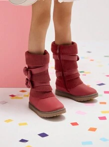 Girl's Mid Calf Snow Boots With Bow, Lined Warm & Comfortable Winter Boots - 紅色 - 查看 2