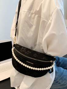 花卉圖案腰包人造珍珠裝飾適用於日常