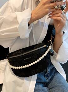 花卉圖案腰包人造珍珠裝飾適用於日常