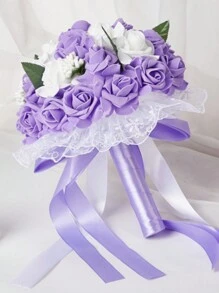 1PC Wedding Bouquet Bride Bridesmaid holding flowers Bride Mariage Party DIY Decor Wedding Accessories Color blocking design Artificial Foam Roses Flower pearl Bride Bouquet Wedding Party - Purple - View 5