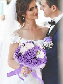 1PC Wedding Bouquet Bride Bridesmaid holding flowers Bride Mariage Party DIY Decor Wedding Accessories Color blocking design Artificial Foam Roses Flower pearl Bride Bouquet Wedding Party - Purple - View 4