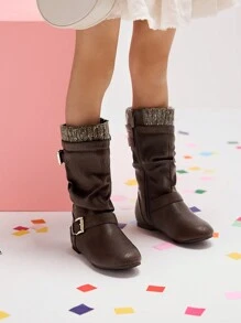 Girl's Knee High Boots With Knit Upper, Winter Riding Style Boots For Little & Big Kid,Runs Small Recommend Wide Feet Order One Size Up - 棕色 - 查看 2