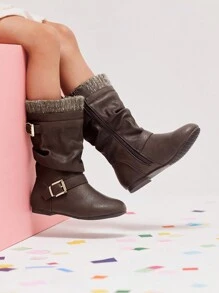 Girl's Knee High Boots With Knit Upper, Winter Riding Style Boots For Little & Big Kid,Runs Small Recommend Wide Feet Order One Size Up - 棕色 - 查看 3