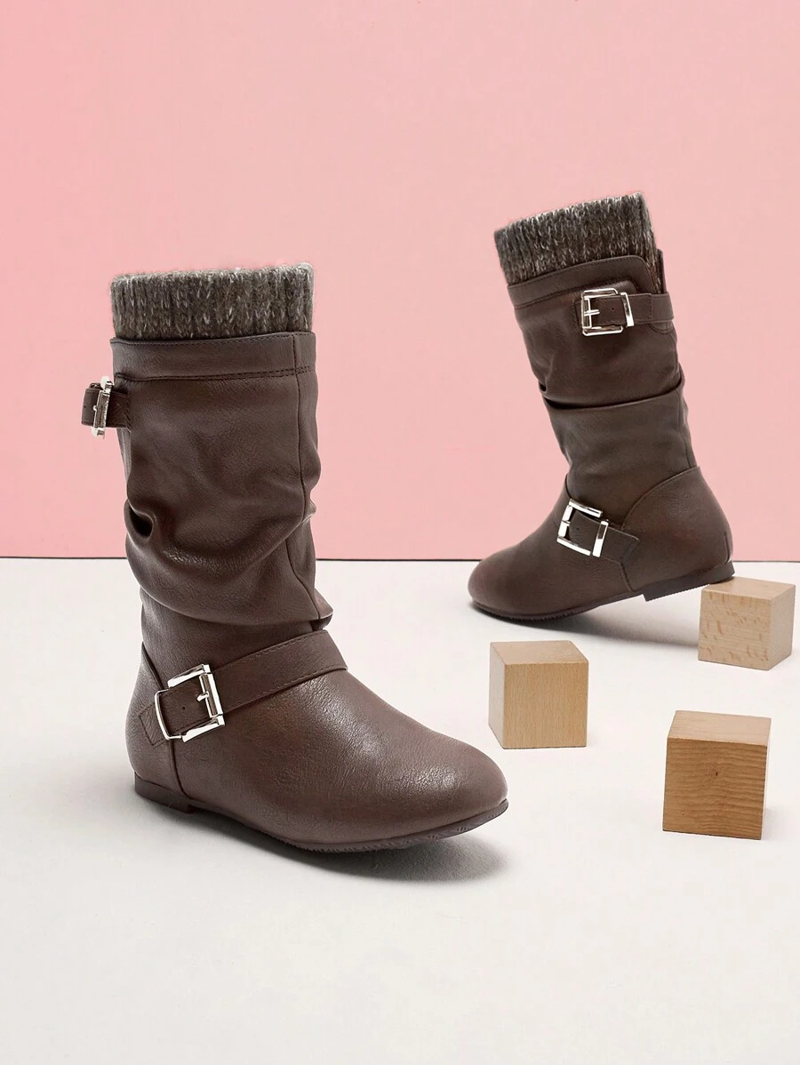 Girl's Knee High Boots With Knit Upper, Winter Riding Style Boots For Little & Big Kid,Runs Small Recommend Wide Feet Order One Size Up - 棕色 - 查看 1