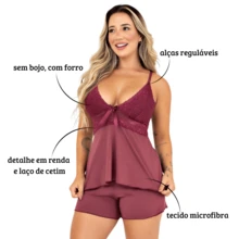 Baby Doll Pajamas Sexy Short Doll Women's Luxury Lace Detail - 酒紅色 - 查看 4